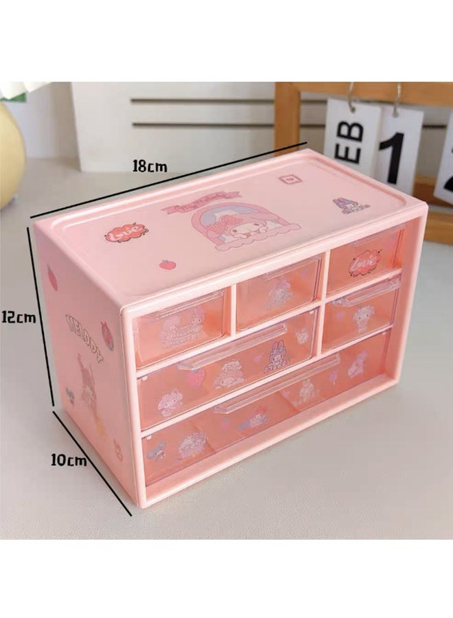 منظم المكتب مع 6 درجات ، صندوق تخزين المكتب ، صندوق تنظيم المكتب ، صندوق مستحضرات التجميل ، صندوق بلاستيك شفاف مقاوم للغبار وملصقات جميلة (الوردي) - Image 2