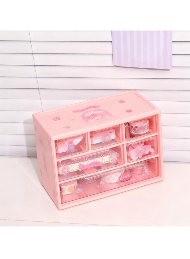 منظم المكتب مع 6 درجات ، صندوق تخزين المكتب ، صندوق تنظيم المكتب ، صندوق مستحضرات التجميل ، صندوق بلاستيك شفاف مقاوم للغبار وملصقات جميلة (الوردي) - Image 1