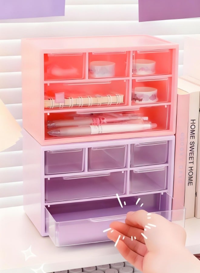 منظم المكتب مع 6 درجات ، صندوق تخزين المكتب ، صندوق تنظيم المكتب ، صندوق مستحضرات التجميل ، صندوق بلاستيك شفاف مقاوم للغبار وملصقات جميلة (الوردي) - Image 4