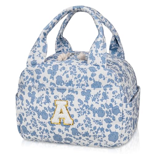 Gosect Large Lunch Bag for Women Men Cute Corduroy Lunch Tote Bags Reusable Lunch Box Adult Leakproof Portable Cooler Bag for Work Picnic or Travel Use (BlueWhite A) - Image 1