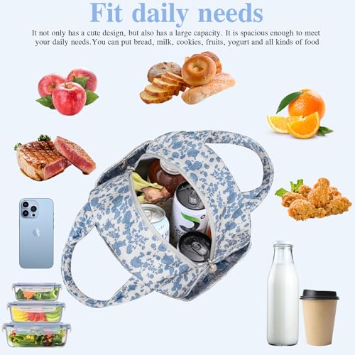 Gosect Large Lunch Bag for Women Men Cute Corduroy Lunch Tote Bags Reusable Lunch Box Adult Leakproof Portable Cooler Bag for Work Picnic or Travel Use (BlueWhite A) - Image 5
