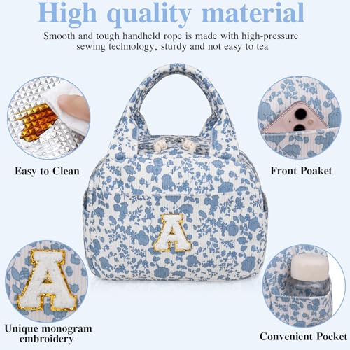 Gosect Large Lunch Bag for Women Men Cute Corduroy Lunch Tote Bags Reusable Lunch Box Adult Leakproof Portable Cooler Bag for Work Picnic or Travel Use (BlueWhite A) - Image 3