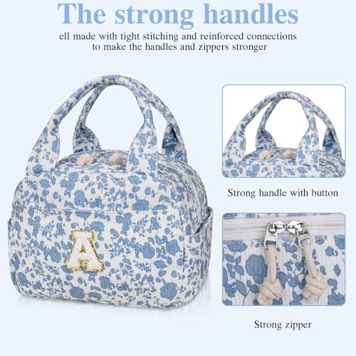 Gosect Large Lunch Bag for Women Men Cute Corduroy Lunch Tote Bags Reusable Lunch Box Adult Leakproof Portable Cooler Bag for Work Picnic or Travel Use (BlueWhite A) - Image 4