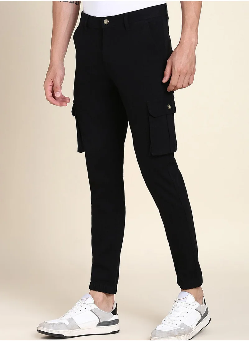 Dennis Lingo Men's Black Cotton Blend Solid Full Length Chinos Tapered Fit Trouser