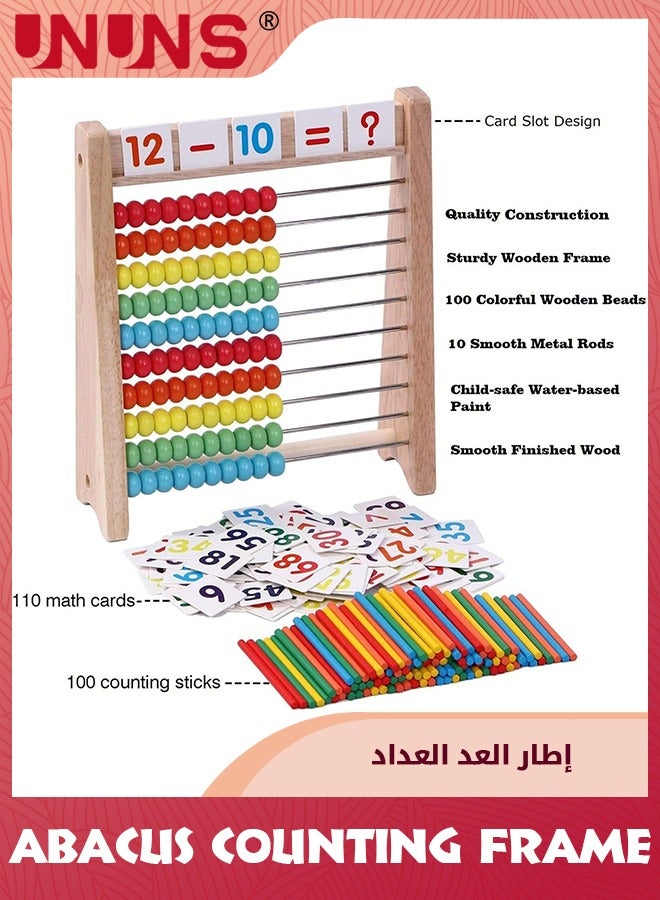 UNUNS Wooden Abacus For Kids,Math Beads With 100 Counting Sticks And 110 Math Toys Cards,Educational Math Games Preschool Learning Toys, Math Manipulatives For Elementary 1st 2nd Grade  - Image 2