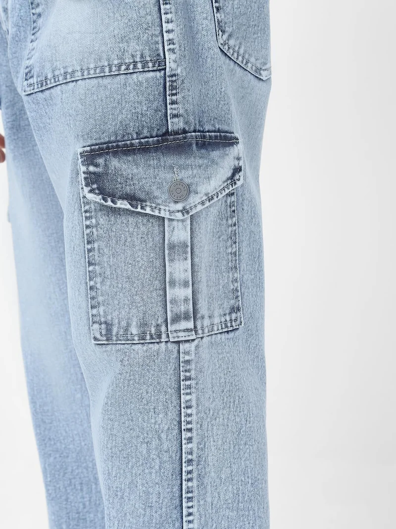 Urbano Fashion  Urbano Fashion Men's Ice Blue Loose Baggy Fit Washed Cargo Jeans with 6 Pockets Non-Stretchable  | Best Price UAE
