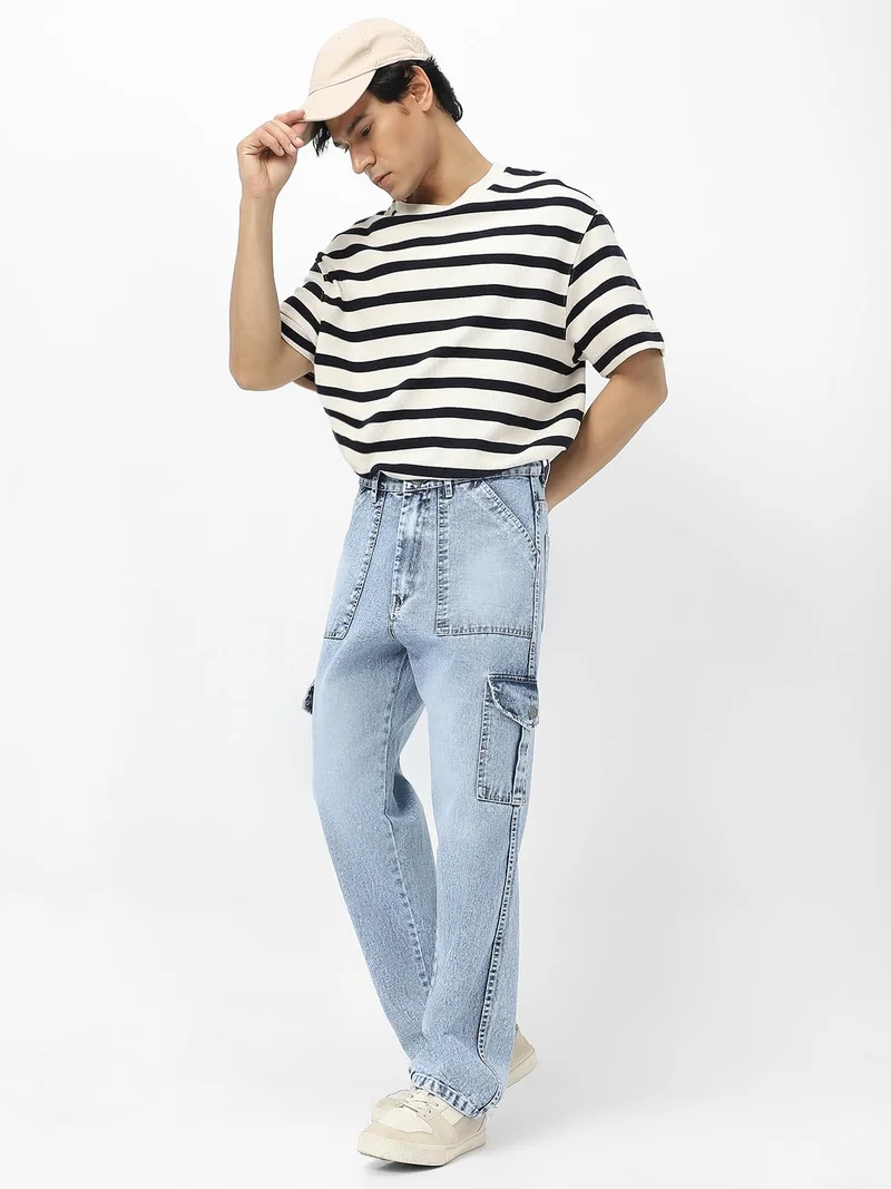 Urbano Fashion  Urbano Fashion Men's Ice Blue Loose Baggy Fit Washed Cargo Jeans with 6 Pockets Non-Stretchable  | Best Price UAE