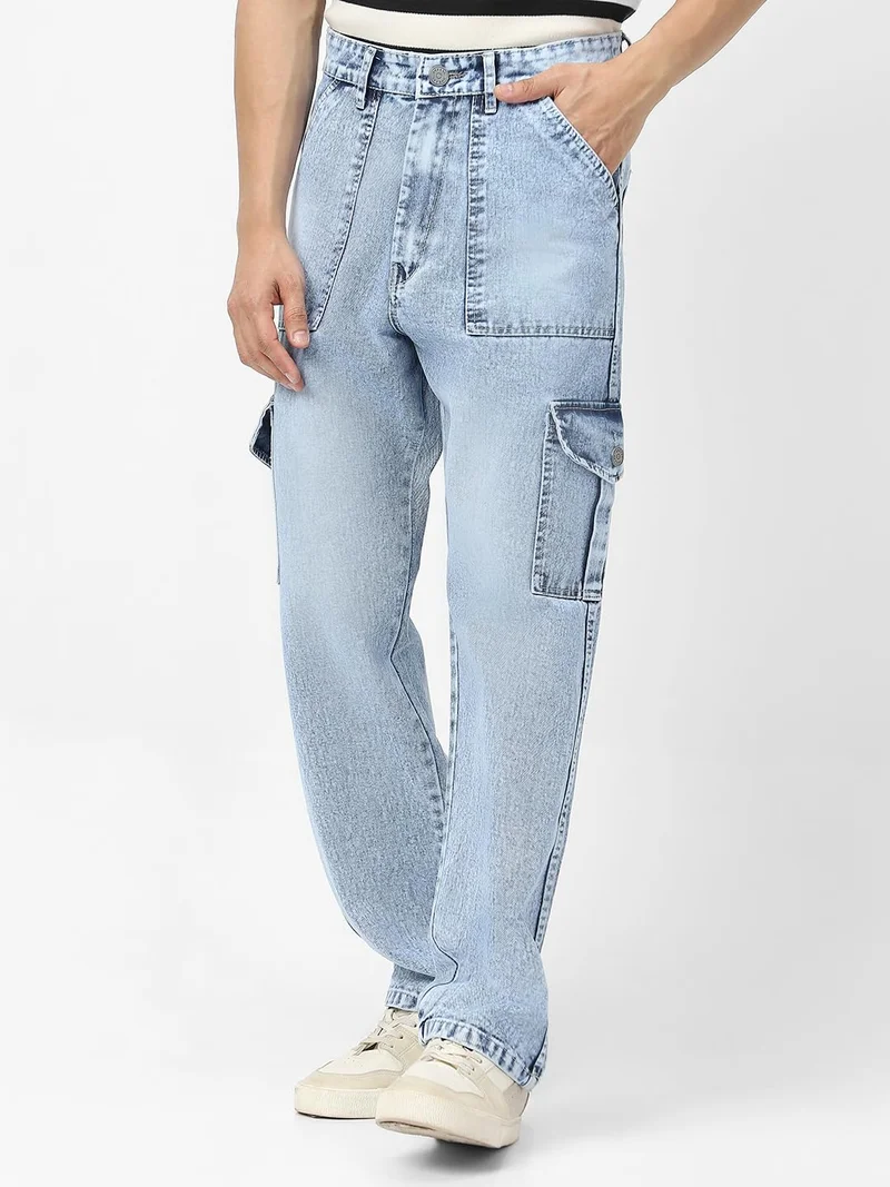 Urbano Fashion  Urbano Fashion Men's Ice Blue Loose Baggy Fit Washed Cargo Jeans with 6 Pockets Non-Stretchable  | Best Price UAE