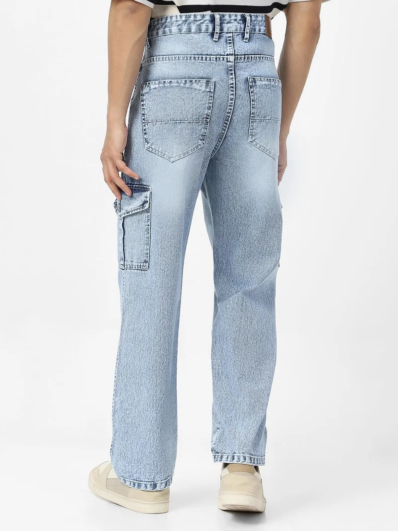 Urbano Fashion  Urbano Fashion Men's Ice Blue Loose Baggy Fit Washed Cargo Jeans with 6 Pockets Non-Stretchable  | Best Price UAE