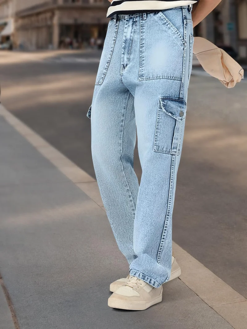 Urbano Fashion Men's Ice Blue Loose Baggy Fit Washed Cargo Jeans with 6 Pockets Non-Stretchable