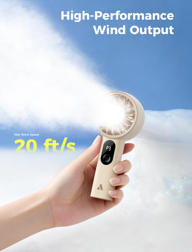 مروحة Aecooly Mighty المحمولة، مروحة يدوية قابلة للشحن عبر USB، 5 سرعات، حجم جيب للسفر، لون بيج - Image 3