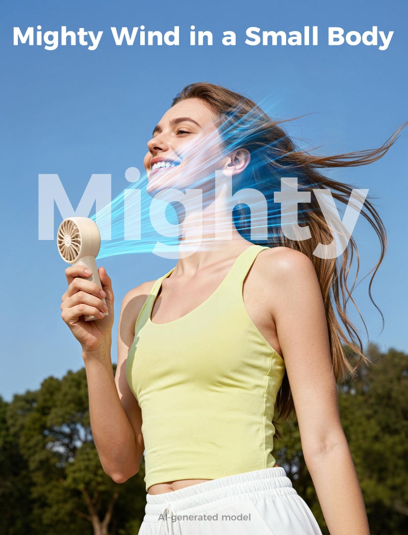 مروحة Aecooly Mighty المحمولة، مروحة يدوية قابلة للشحن عبر USB، 5 سرعات، حجم جيب للسفر، لون بيج - Image 2