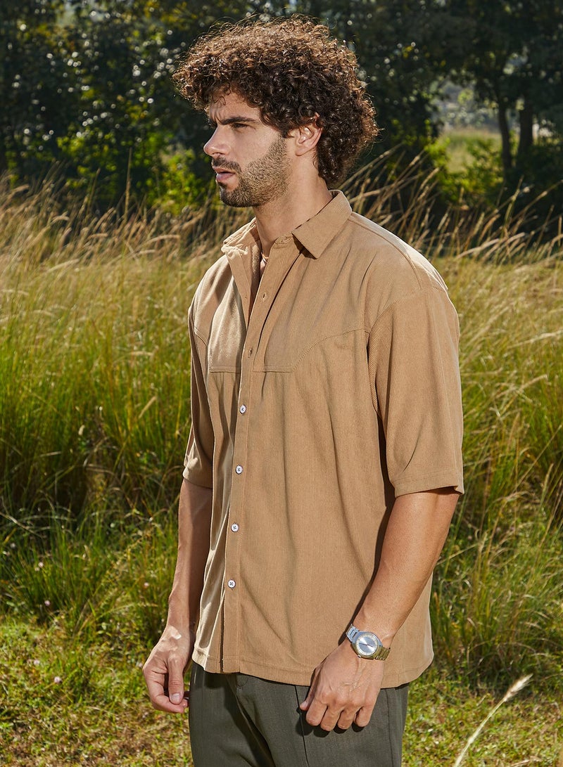 Campus Sutra Men's Khaki Beige Corduroy Oversized Shirt  - Image 3