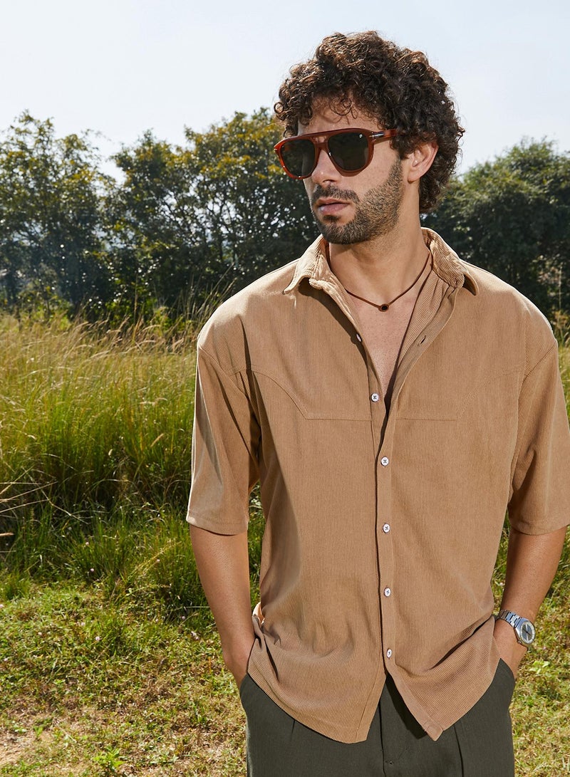 Campus Sutra Men's Khaki Beige Corduroy Oversized Shirt  - Image 1