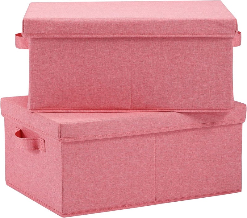 HOONEX Linen Foldable Storage Bins with Lids, 2 Pack, Storage Boxes with Carrying Handles and Sturdy Heavy Cardboard, 16.5" L x 11.8" W x 7.5" H for Shoes, Books, Clothes, Nursery, Pink - Image 1