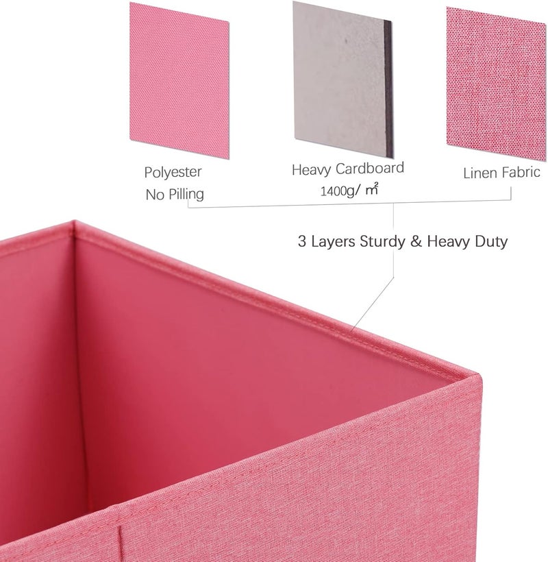HOONEX Linen Foldable Storage Bins with Lids, 2 Pack, Storage Boxes with Carrying Handles and Sturdy Heavy Cardboard, 16.5" L x 11.8" W x 7.5" H for Shoes, Books, Clothes, Nursery, Pink - Image 3