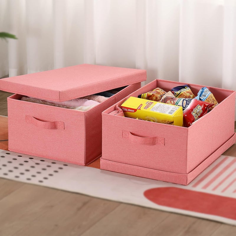HOONEX Linen Foldable Storage Bins with Lids, 2 Pack, Storage Boxes with Carrying Handles and Sturdy Heavy Cardboard, 16.5" L x 11.8" W x 7.5" H for Shoes, Books, Clothes, Nursery, Pink - Image 5