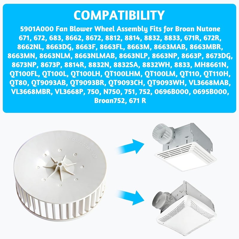 ANTDM 5901A000 Bathroom Fan Blower Wheel Assembly for Broan Nutone Fan Blower Wheel 8832 5900A000 NT5901A000 NT51919000 SNT51919000 SNT5901A000 JA2C0208-1 - Image 2