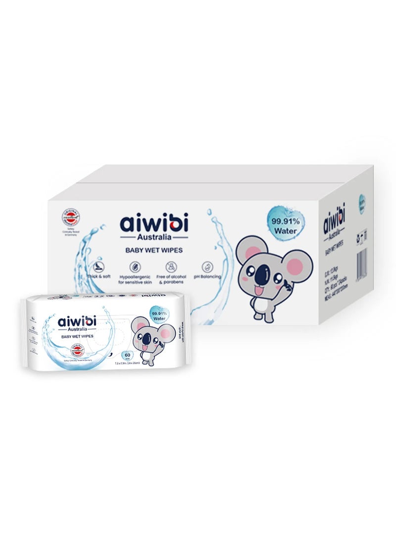 aiwibi مناديل مبللة للأطفال من أيويبي ماء نقي 99.91% لطيفة - عبوة من 12، 60 ورقة لكل منها للمواليد الجدد وما فوق