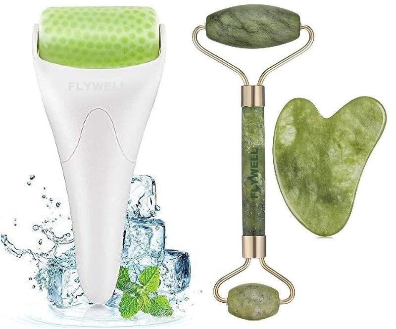 FLYWELL Ice Roller For Face Eye Puffiness Teenitor Massager With Anti Aging 100 Natural Stone Jade Roller Gua Sha Facial ToolsMulticolor - Image 1