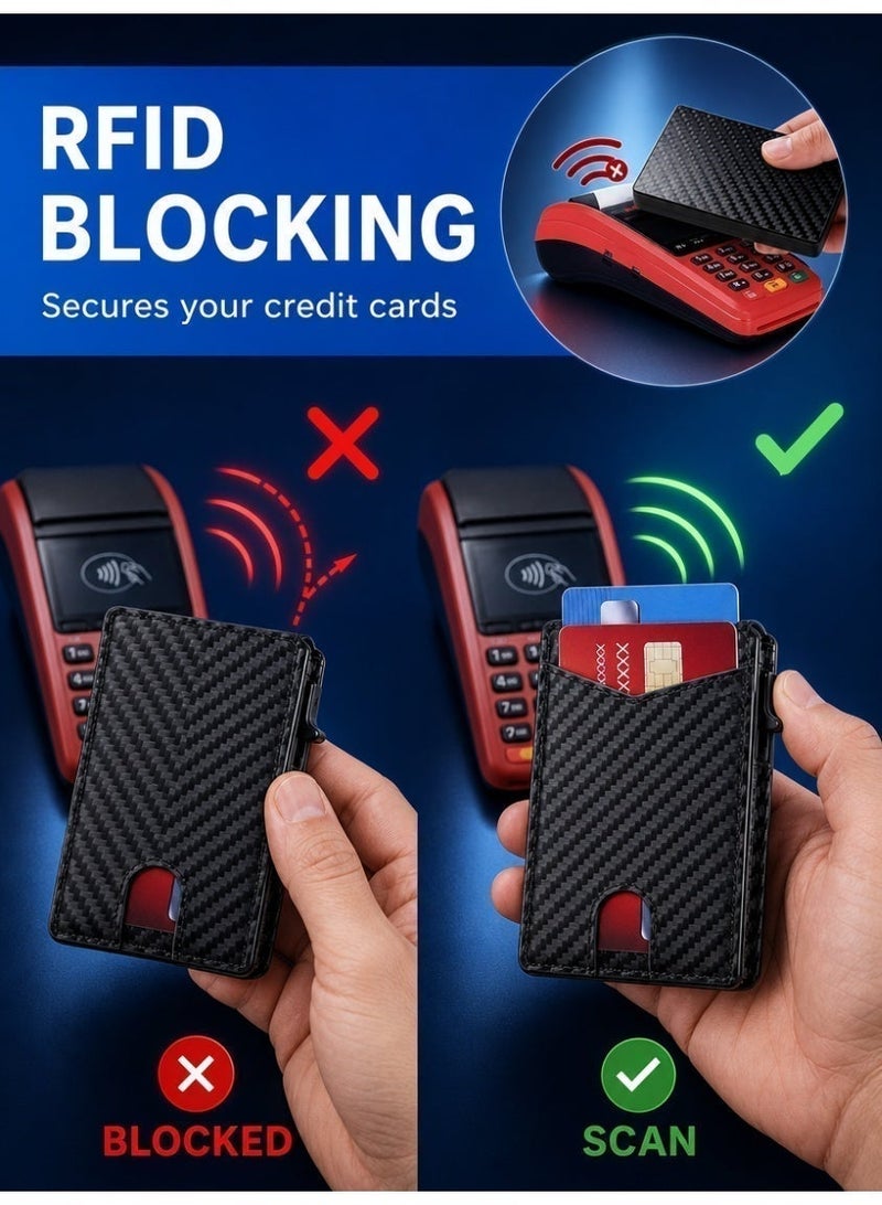 Automatic Pop-up RFID Blocking Wallet - Carbon Fiber Magnetic Card Holder for Men with ID Window & Multi-Slots (Holds 5-6 Cards) - Ultra Slim for Business & Daily Use - Image 5