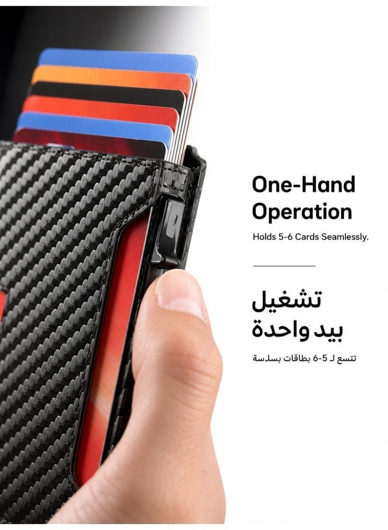 Automatic Pop-up RFID Blocking Wallet - Carbon Fiber Magnetic Card Holder for Men with ID Window & Multi-Slots (Holds 5-6 Cards) - Ultra Slim for Business & Daily Use - Image 3