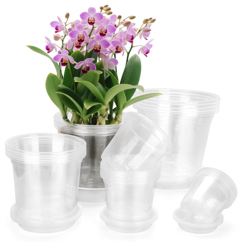 FUOAUYK 7/6/5/4/3 Inch Clear Nursery Pots with Drainage Trays, 25 Pack Plastic Pots for Plants, Clear Pot for Seed Starting, Transplanting, Succulents, and Indoor Gardening (3+4+5+6+7 inch) - Image 1