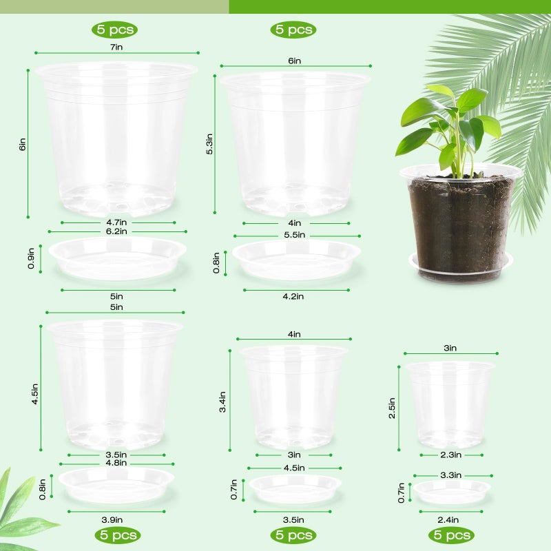FUOAUYK 7/6/5/4/3 Inch Clear Nursery Pots with Drainage Trays, 25 Pack Plastic Pots for Plants, Clear Pot for Seed Starting, Transplanting, Succulents, and Indoor Gardening (3+4+5+6+7 inch) - Image 2
