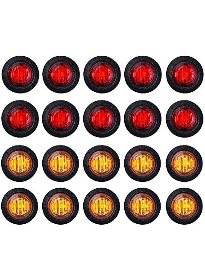 Generic 20 Pcs 3/4 Inch Mini Round 10 Amber + 10 Red Light Bullet Side Marker Indicator Clearance Signal Lamp with Grommet for Trailer Truck RV Bus Boat 12V DC 3LED - Image 1