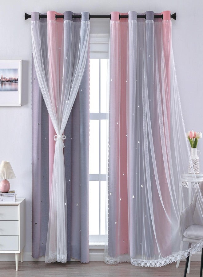 XiDi Pink and Grey Star Blackout Curtains for Girls Bedroom 63 Inch Length 2 Panels, Room Darkening Thermal Insulated Grommet Window Drapes for Kids Nursery Room Home Decro Ombre Pink Grey 34W x 63L - Image 2