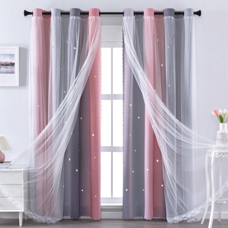 XiDi Pink and Grey Star Blackout Curtains for Girls Bedroom 63 Inch Length 2 Panels, Room Darkening Thermal Insulated Grommet Window Drapes for Kids Nursery Room Home Decro Ombre Pink Grey 34W x 63L - Image 1