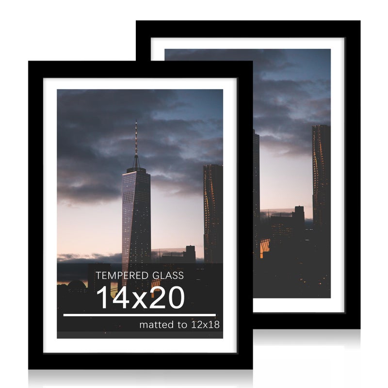 ccdcc 14x20 Poster Frame Set of 2, 14 x 20 Wood Picture Frames with Mat for 12x18, Wooden Photo Frame with Tempered Glass Cover for Wall Mounting Display, Black - Image 1