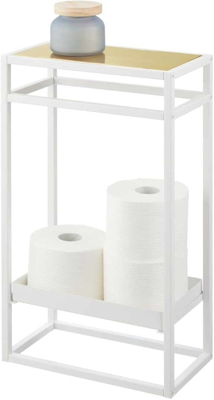 إم ديزاين حامل ورق تواليت من إم ديزاين، موزع لفائف ورق التواليت مع رف تخزين للملحقات، حامل ورق تواليت قائم، مصنوع من معدن مقاوم للصدأ، أبيض/ذهبي