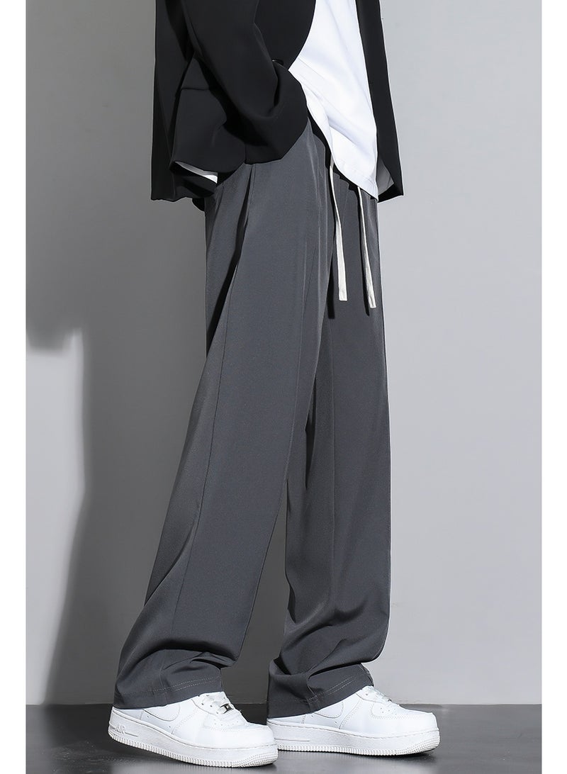 Ice Silk Men's Pants Solid Color Thin Business Casual Trousers Straight Leg Sweatpants High Elastic Classic Suit Pants Wrinkle-Resistant High Waist Straight Trousers Quick-Dry, Elastic Waist - Image 1