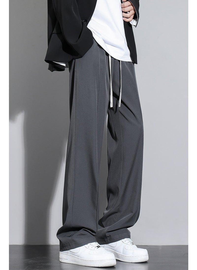 Ice Silk Men's Pants Solid Color Thin Business Casual Trousers Straight Leg Sweatpants High Elastic Classic Suit Pants Wrinkle-Resistant High Waist Straight Trousers Quick-Dry, Elastic Waist - Image 2