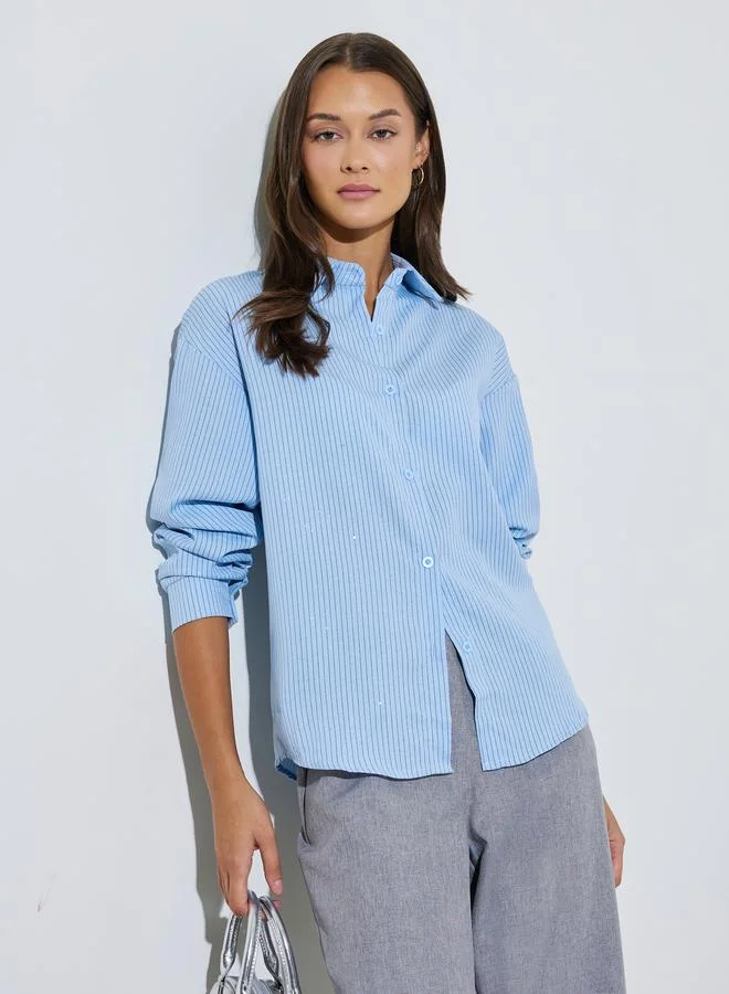 Styli Light Blue Striped Embellished Long Sleeves Shirt