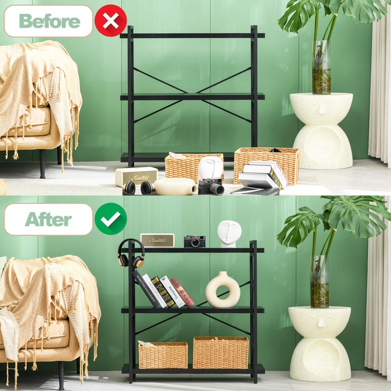 HCHQHS Bookshelf, 3-Tier Industrial Bookcase, Black Open Book Shelf, Freestanding Horizontal Bookshelves with Metal Frame - Image 3