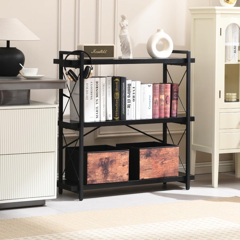 HCHQHS Bookshelf, 3-Tier Industrial Bookcase, Black Open Book Shelf, Freestanding Horizontal Bookshelves with Metal Frame - Image 2