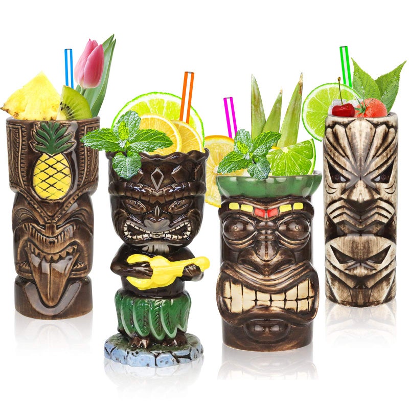 SuproBarware Tiki Mugs Set of 4 Ceramic Hawaiian Party Mugs Large Drinkware Tiki Party Cups for Cocktails Tropical Barware Drinks for Exotic Party  TJB02 4pcs