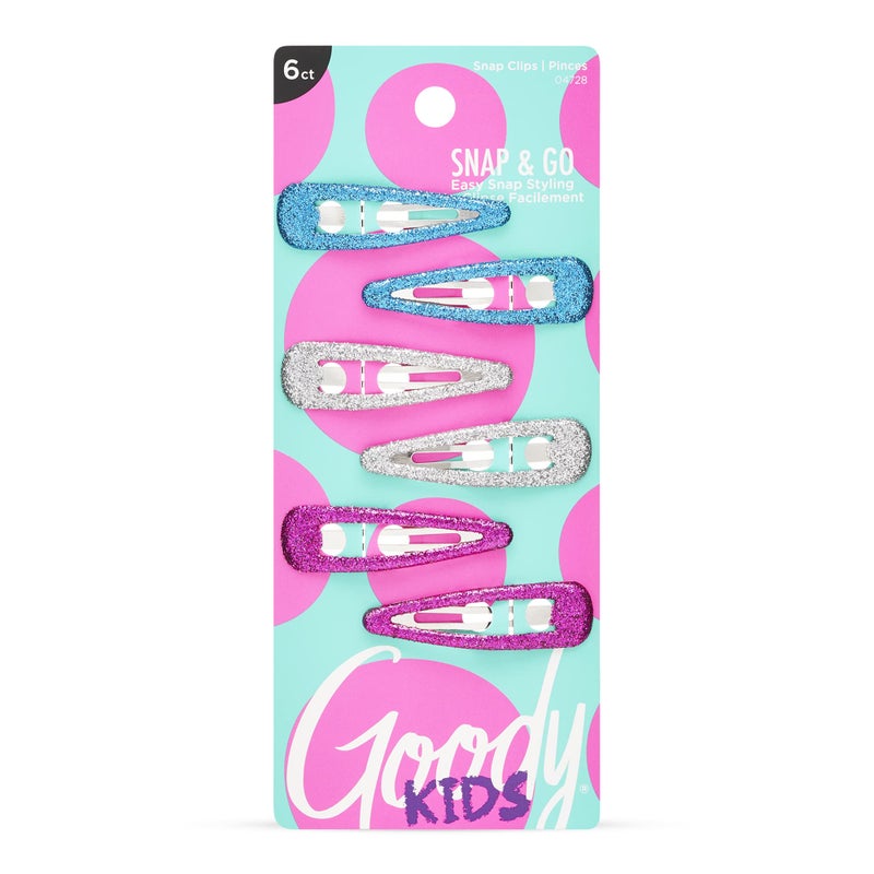 Goody Kids Snap & Go Contour Clips - 6 Count, Glitter - Snap Clips - Suitable for All Hair Types - Pain-Free Hair Accessories for Girls and Boys - All Day Comfort - Image 1