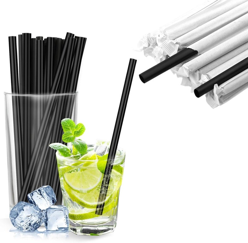 Pack of 100 Black Plastic Drinking Straws, 21 cm, Calibre 8 mm, Reusable Cocktail Straws