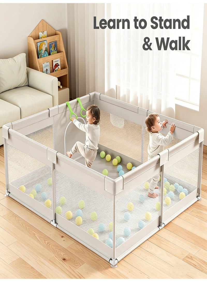 حضانة أطفال - حضانة كبيرة جدًا للأطفال الرضع والأطفال الصغار، حاجز أمان للأطفال مع بوابة، سور حضانة أطفال منطقة لعب داخلية/خارجية، مركز أنشطة للأطفال مع 10 كرات، حلقتان للسحب (رمادي، 150*180 سم) - Image 2