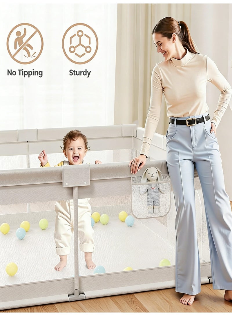 حضانة أطفال - حضانة كبيرة جدًا للأطفال الرضع والأطفال الصغار، حاجز أمان للأطفال مع بوابة، سور حضانة أطفال منطقة لعب داخلية/خارجية، مركز أنشطة للأطفال مع 10 كرات، حلقتان للسحب (رمادي، 150*180 سم) - Image 3