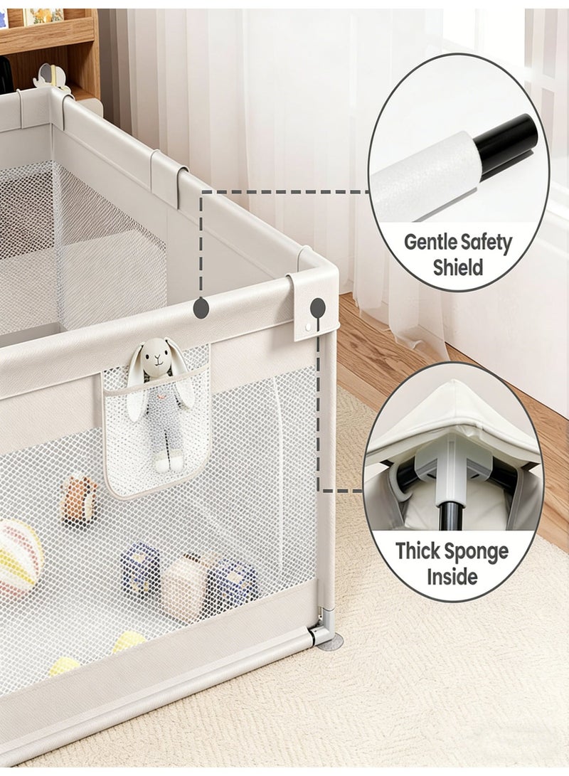 حضانة أطفال - حضانة كبيرة جدًا للأطفال الرضع والأطفال الصغار، حاجز أمان للأطفال مع بوابة، سور حضانة أطفال منطقة لعب داخلية/خارجية، مركز أنشطة للأطفال مع 10 كرات، حلقتان للسحب (رمادي، 150*180 سم) - Image 5