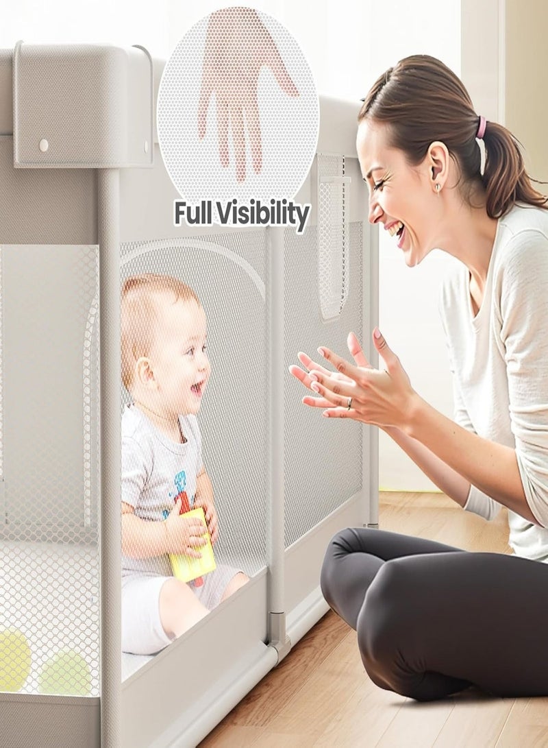 حضانة أطفال - حضانة كبيرة جدًا للأطفال الرضع والأطفال الصغار، حاجز أمان للأطفال مع بوابة، سور حضانة أطفال منطقة لعب داخلية/خارجية، مركز أنشطة للأطفال مع 10 كرات، حلقتان للسحب (رمادي، 150*180 سم) - Image 4