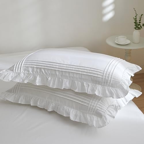 Ranznaz Ruffled Pillow Shams Queen Size Set of 2, 100% Cotton White Ruffle Pillow Cases with Pintucks, Farmhouse French Shabby Chic Pillowcases for Bedding, 20x30 Inch - Image 1