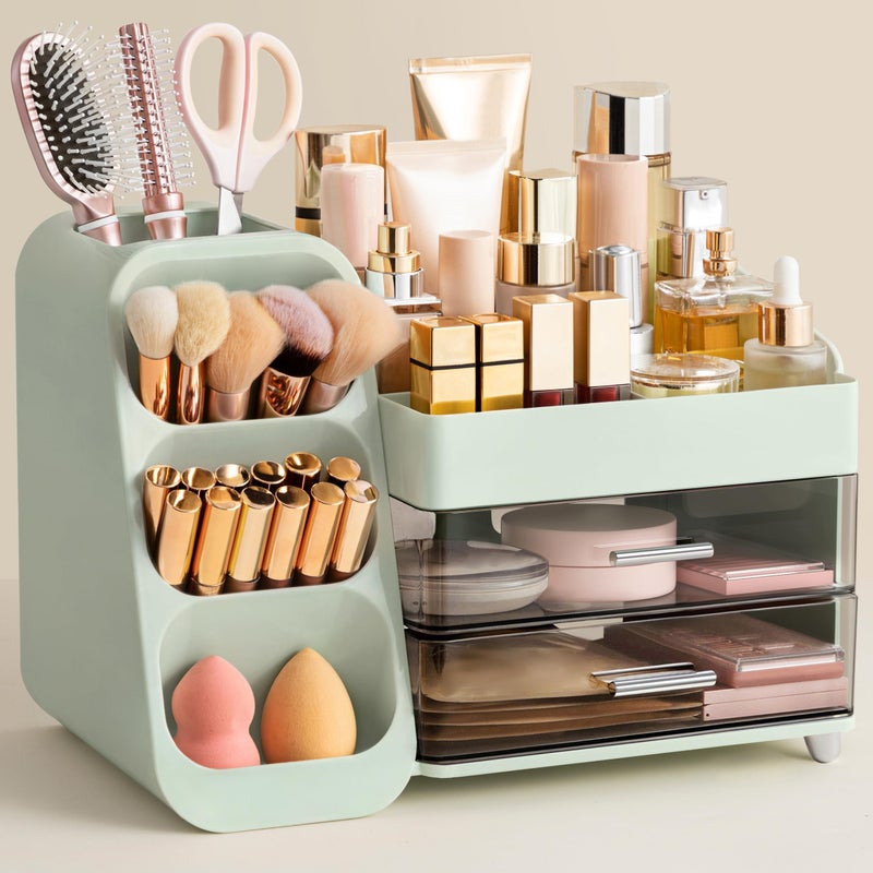 HBlife Makeup Organizer with Brush Holder for Vanity Large Plastic Bathroom Countertop Organizer Skin Care Storage Easy to Store Lipsticks Nail Polishes Perfumes Eyeshadow Palettes Green - Image 2