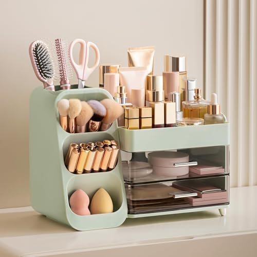 HBlife Makeup Organizer with Brush Holder for Vanity Large Plastic Bathroom Countertop Organizer Skin Care Storage Easy to Store Lipsticks Nail Polishes Perfumes Eyeshadow Palettes Green - Image 3
