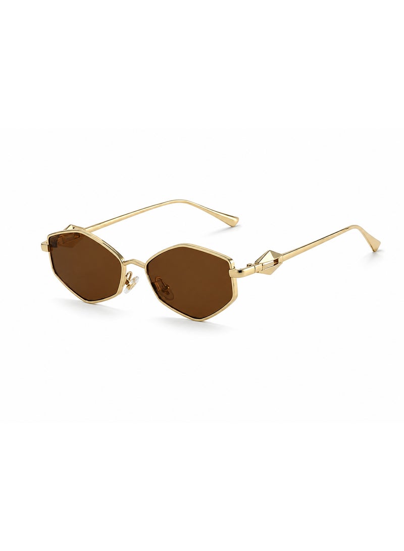 Shein Women’s Geometric Polygon Sunglasses with Gold Metal Frame & Brown Lenses – Retro Fashion Eyewear - Image 1