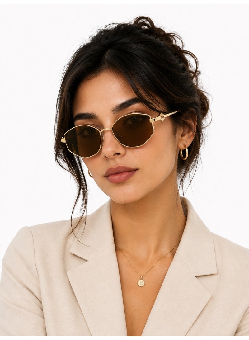 Shein Women’s Geometric Polygon Sunglasses with Gold Metal Frame & Brown Lenses – Retro Fashion Eyewear - Image 3